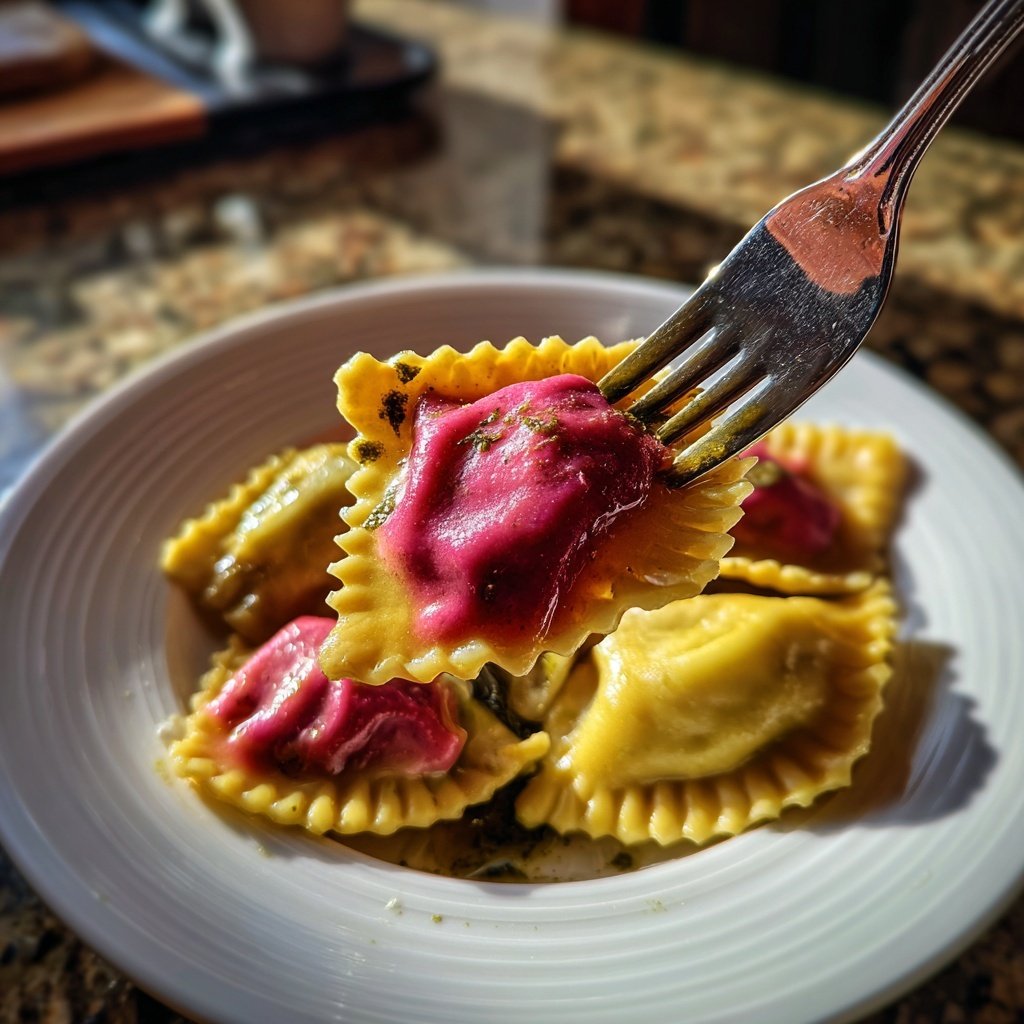 Pink Beet Ravioli in Butter Sage Sauce
